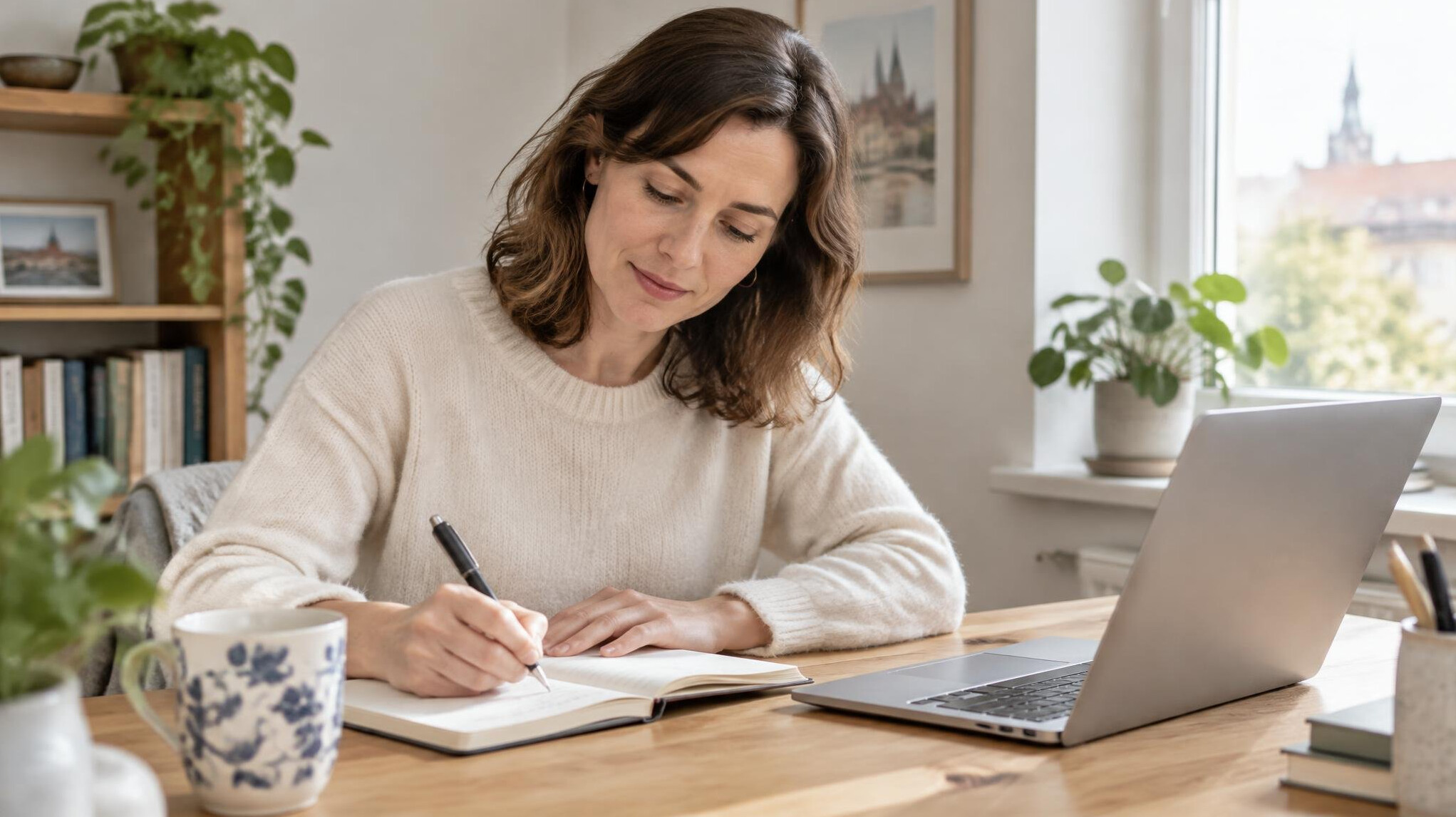 Woman writing notes at a desk near a laptop