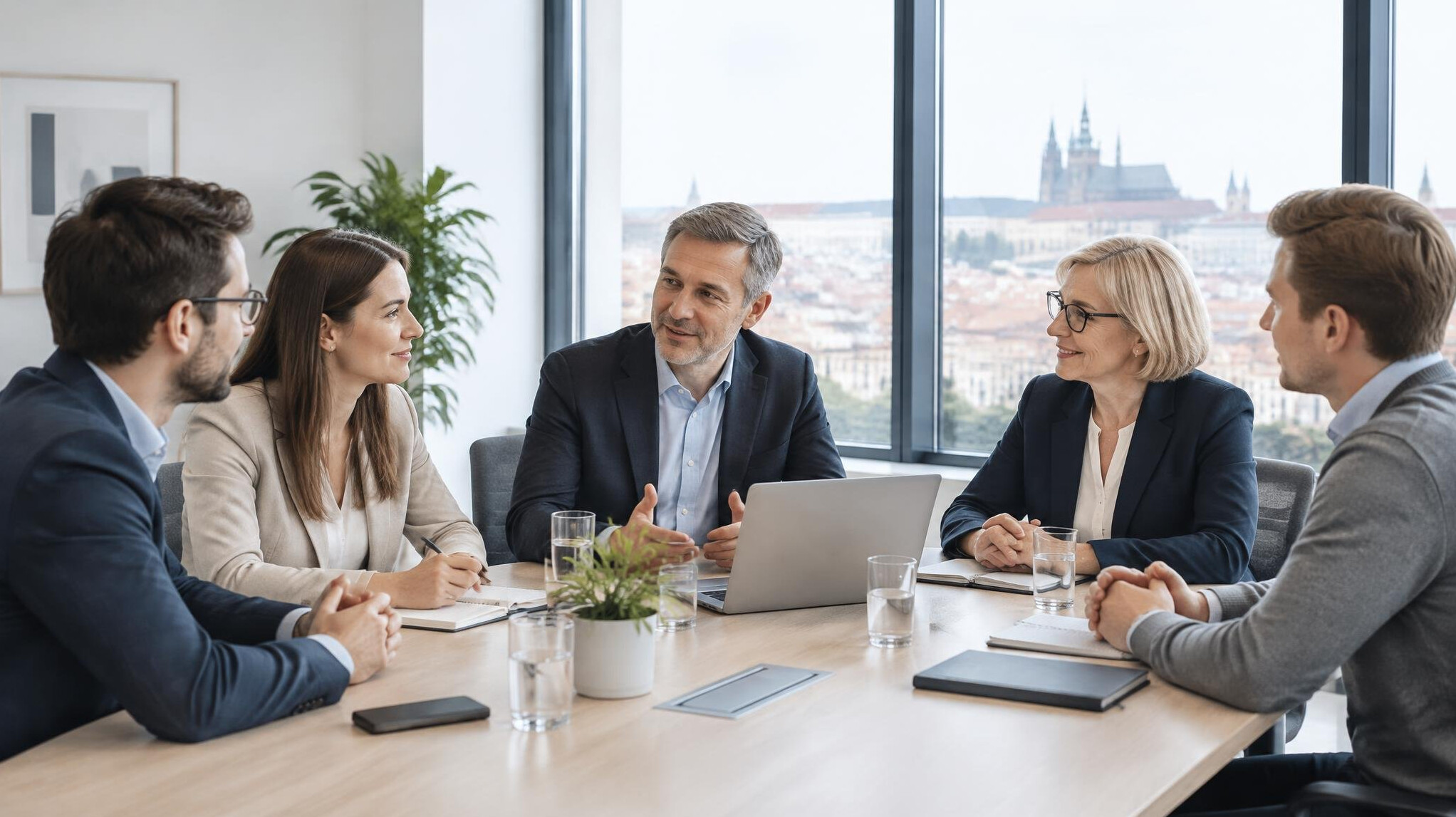 Group of colleagues in a bright conference room
