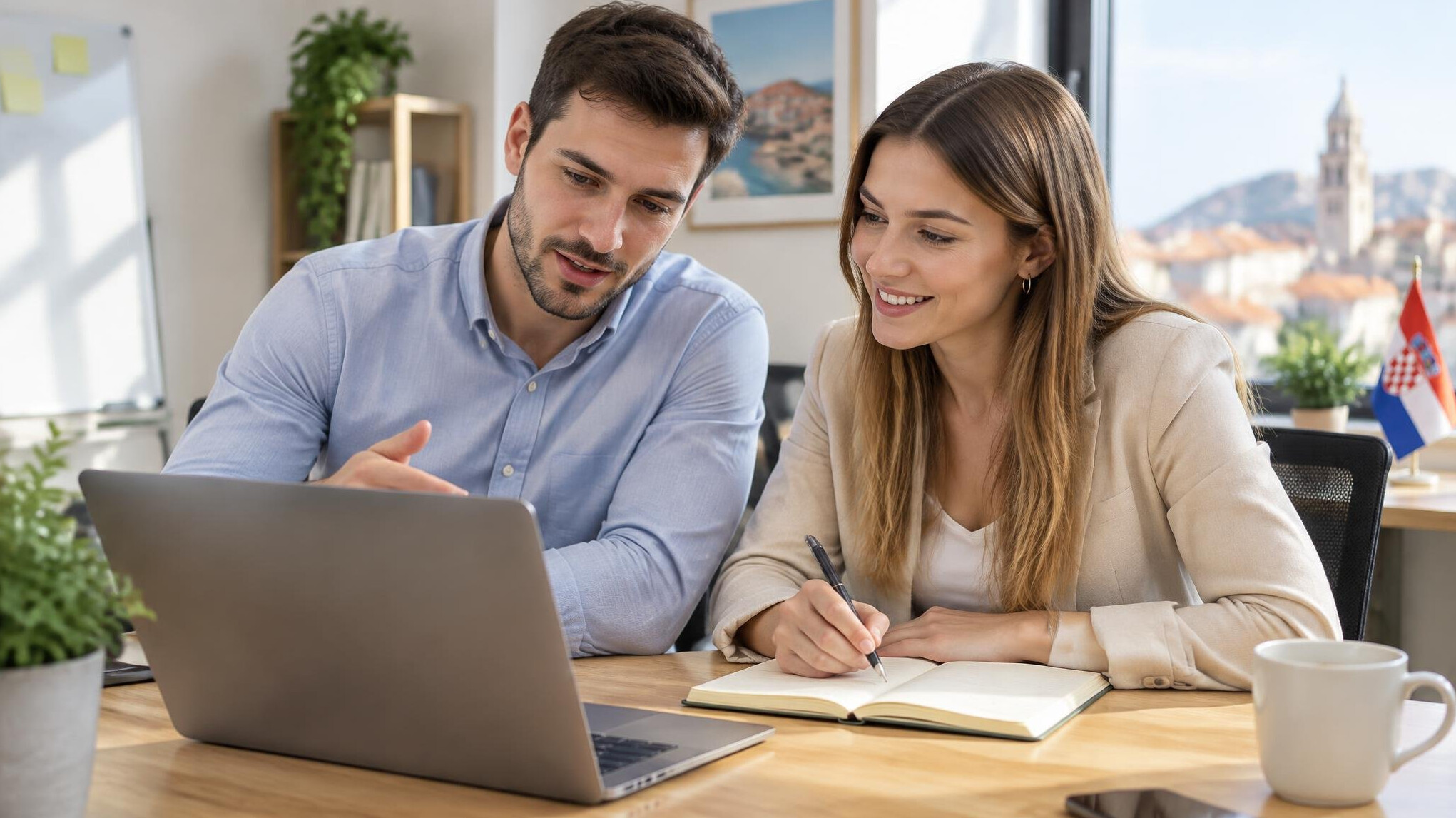 Colleagues collaborating at a desk with notes and a laptop